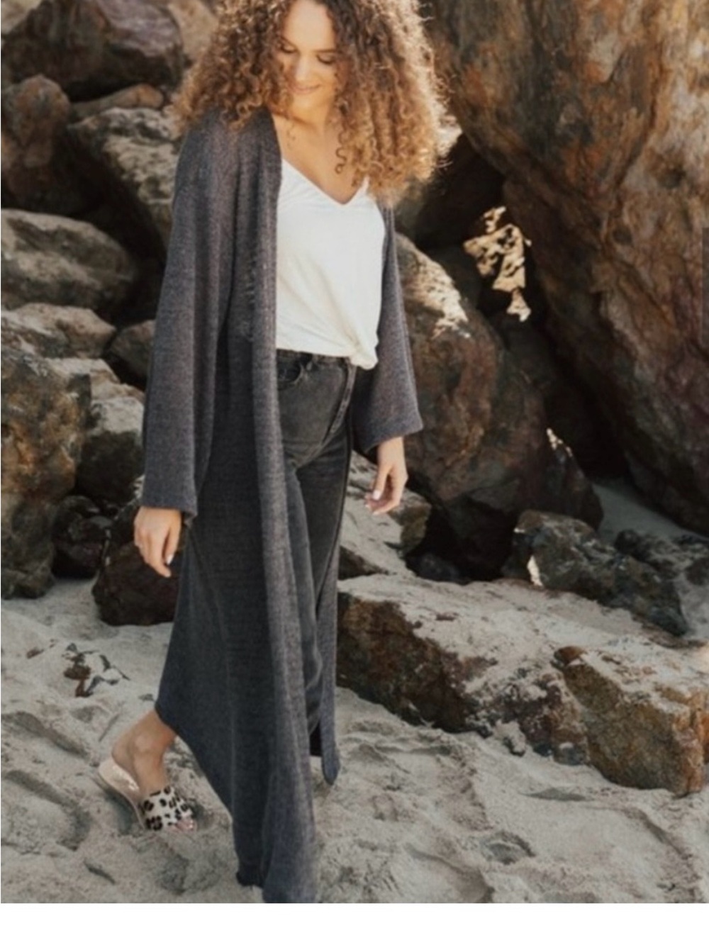 Carly Jean Los Angeles Molly Knit Duster- TAN/BEIGE L - Picture 2 of 8